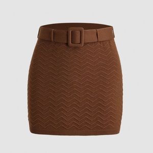 Cider Wave Printed Brown Belted Knitted Skirt - Brown